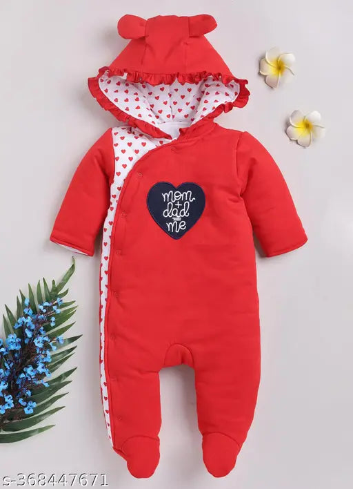 Red printed cotton sweatshirt & pant set for baby girls, featuring long sleeves and adorable prints on India origin