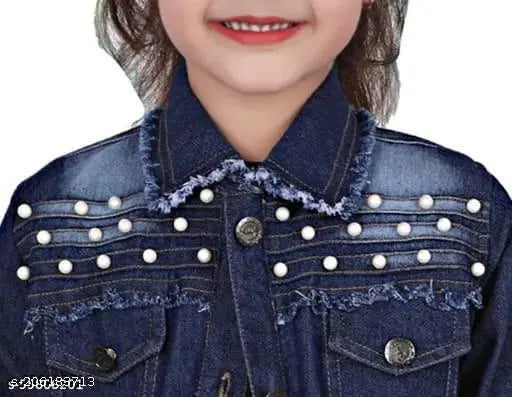 Light and dark blue children's jean jacket with faux pearl embellishments