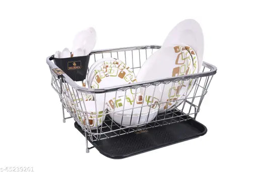 Stainless steel dish drainer with water drainage tray and spoon jar