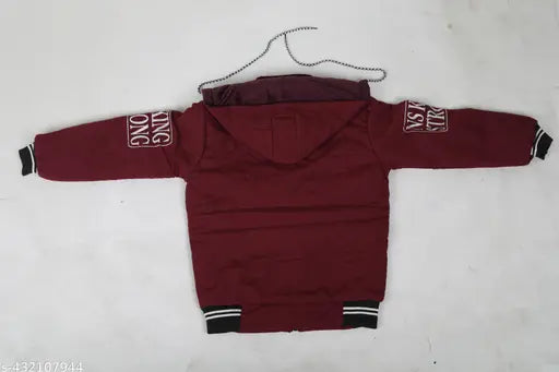 Red puffer jacket with white stripes on sleeves and collar, hoodie style