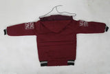 Red puffer jacket with white stripes on sleeves and collar, hoodie style