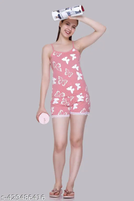 Women's cotton printed shorts set, nightsuit for girls top & short, sleeveless, India origin