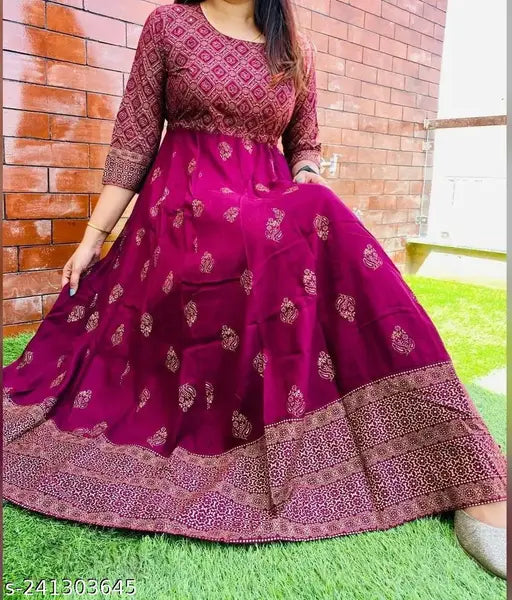 Festive women's rayon anarkali kurti with gold print, three-quarter sleeves, available in S-XXXL