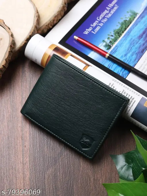Green faux leather men's wallet, small card holder with coin pocket, textured design on free size (11cm x 9cm), made in India