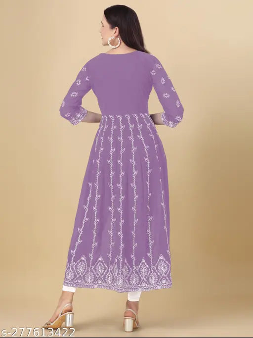 Georgette Alisha Superior Chikankari Anarkali Kurta, three-quarter sleeves, size S-XXL. Indian embroidered women's kurta on hanger