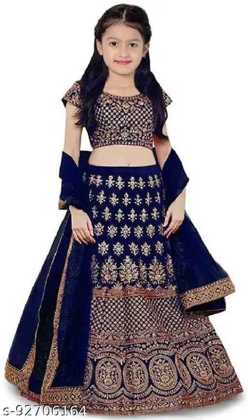 Embroidered Satin Lehenga Choli Set for Kids, attractive colors, suitable for ethnic or festive wear