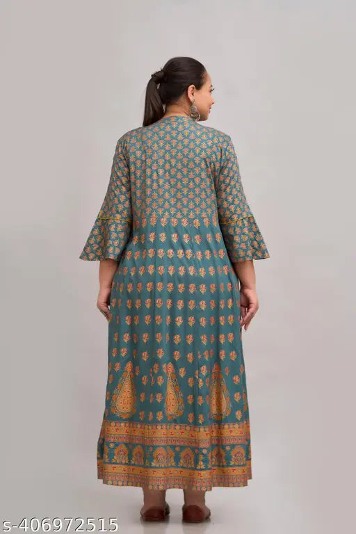 Multicolor rayon plus size maxi gown/kurti with printed combo, three-quarter sleeves. Indian handcrafted fashion