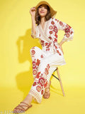 White viscose rayon jumpsuit, printed with cream and red pattern, three-quarter sleeves for women, Indian origin