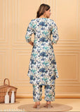 Women's floral printed muslin fabric kurta with trousers, kora muslin and regular beads/stones, three-quarter sleeves set on display