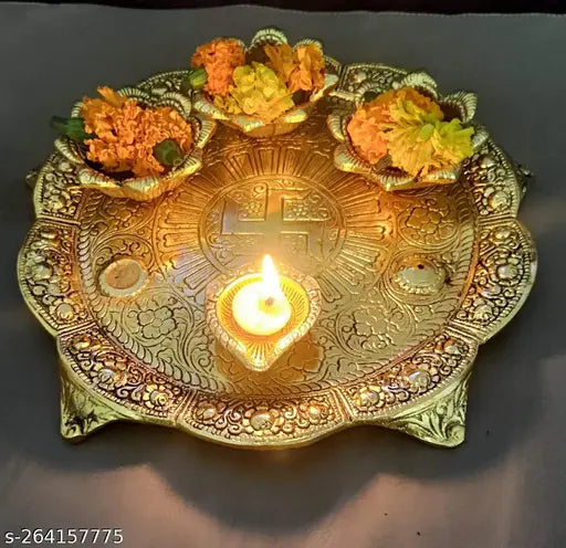 Handcrafted Big Puja Thali Set of 4 Diya, Gold-plated Metal & Aluminium - Indian Home Decor & Temple Decoration