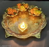 Handcrafted Big Puja Thali Set of 4 Diya, Gold-plated Metal & Aluminium - Indian Home Decor & Temple Decoration