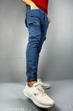 Dark blue denim jeans with a zippered pocket on the right side