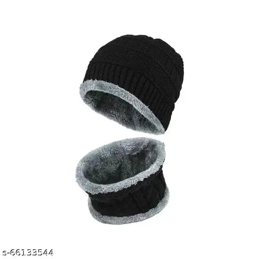 Black woolen beanie & scarf set (2pc), stretchy, thick, thermal acrylic wool with face cover, hand-knitted feel, Indian origin