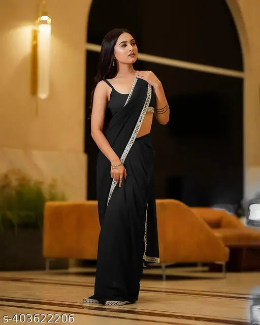 Elegant black georgette lightweight women's saree with embroidery