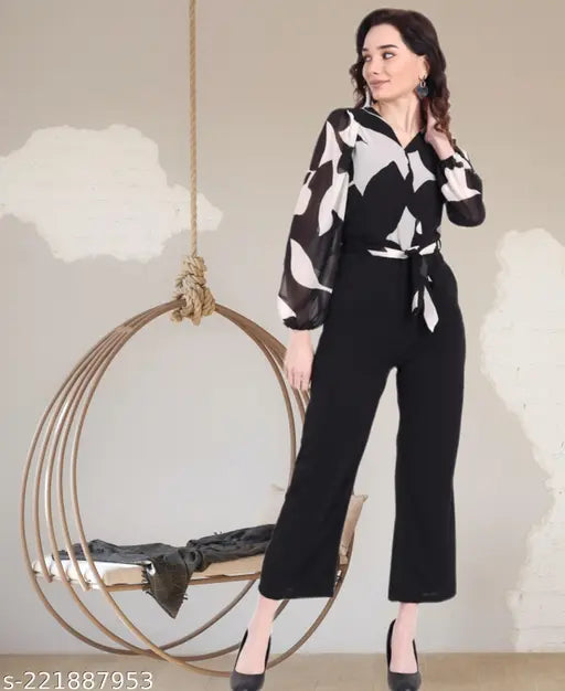 Georgette printed net jumpsuit for women and girls, long-sleeved and available in sizes XS-XXL
