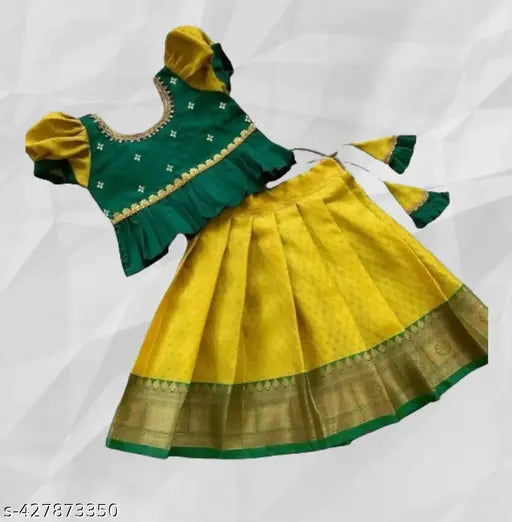 Taffeta silk Tranding Pattu Lehenga Choli for girls, vibrant self-design with intricate zari stitch, 18-12 years sizes available, South Indian cultural heritage embodied