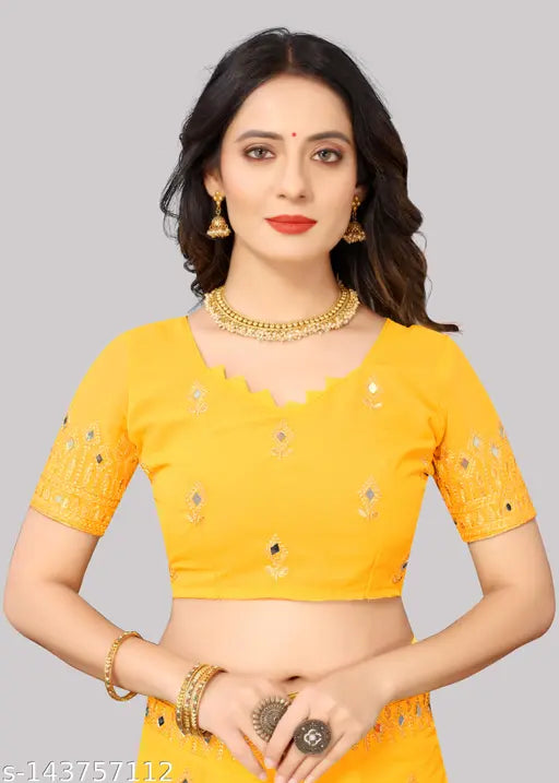 Golden Satin Silk Banarasi saree with embroidered velvet blouse, free size, Bollywood-inspired, Indian origin