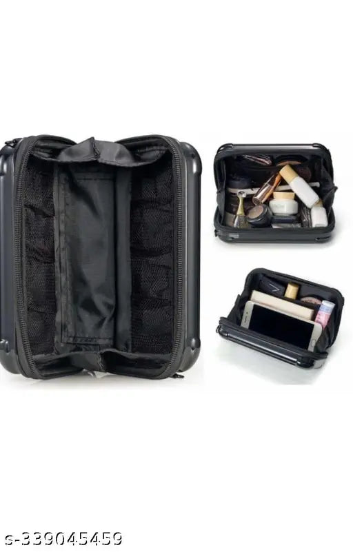 Black shoulder bag, open interior revealing compartments and slots