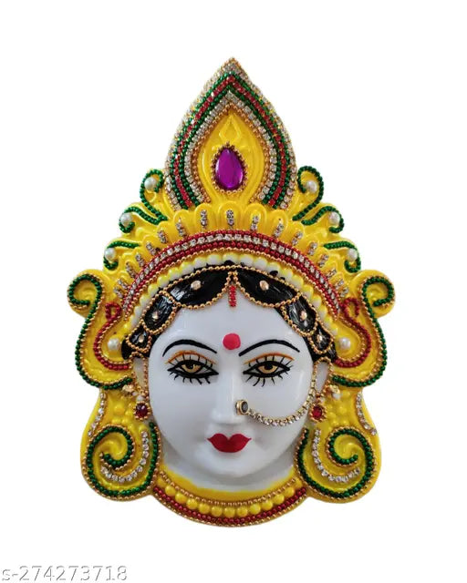 Yellow plastic Maa Lakshmi Mukhota for pujas and decor, depicting the goddess of wealth and prosperity