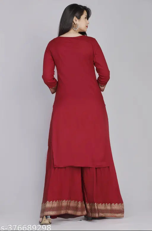 Maroon kurta palazzo with flared sleeves, paired with matching dupatta