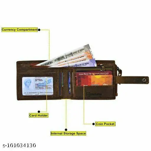 Brown genuine leather men's wallet, 3 compartments, free size (11cm x 9cm) - Premium quality accessory for everyday use