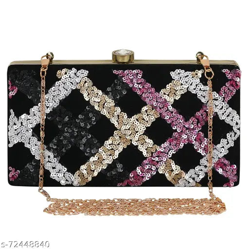 Black handcrafted womens clutch with pink and white sparkle pattern, gold accents
