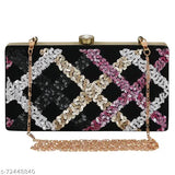 Black handcrafted womens clutch with pink and white sparkle pattern, gold accents