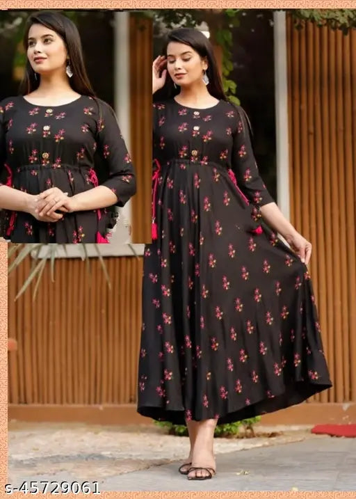 Long black kameez with pink flowers and elbow length sleeves