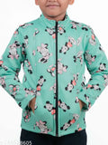 A child in a Minnie Mouse winter jacket, black with white dots and zip closure