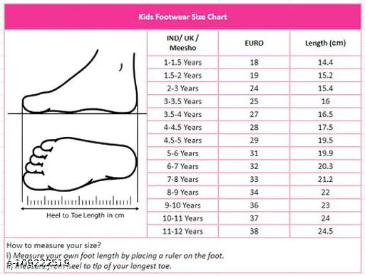 LED lighted leight shoes for boys and girls, size chart from 5 to 13 years