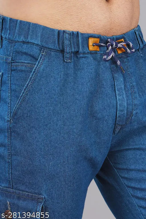 Men's dyed/washed denim cargo jogger (N=32, waist size 32in, length size 39in, hip size 40in), Indian-made denim workwear for men on model