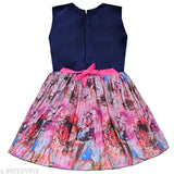 Silver Kraft satin floral print knee-length dress for baby girls (fe3249nb), vibrant navy blue and pink, pleated skirt with printed floral pattern, embellished yoke, attached dupatta and belt