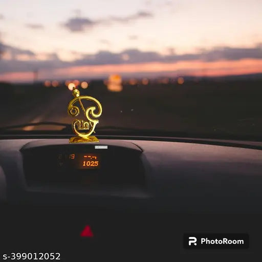 Golden medium-sized Maha Saving Offer Murugan Om Vel religious idol for car dashboard, traditional Indian pooja room art form