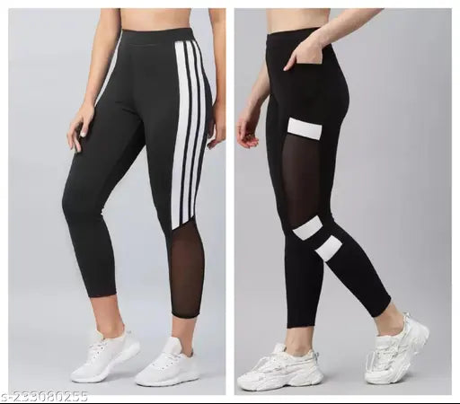 Green-shade striped net lycra track pants for women, pack of 2 for gym & tracking wear, classic look - sizes 28, 30, 32, 34, 36, 38, 40, 42, 44 (India)