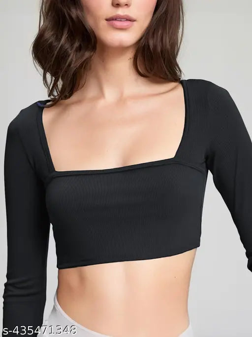 Trendy Lycra long-sleeved solid t-shirt for women, modern fit, size S (bust 34in, length 24in), made in India