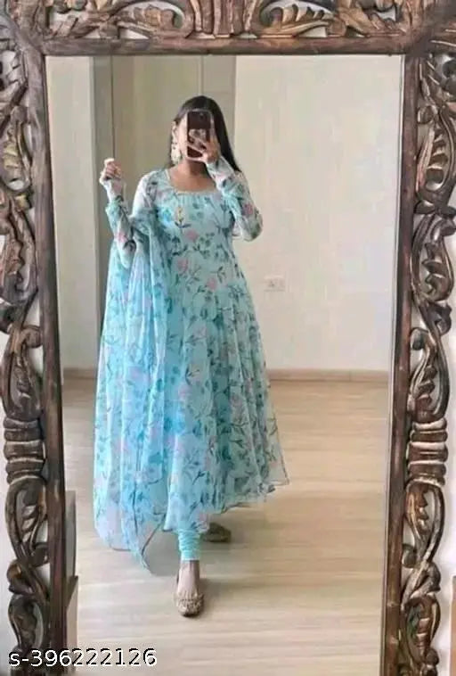 Stylish Georgette three-quarter sleeve printed net women's gown, XXS size with bust 32in and length 44in, India origin