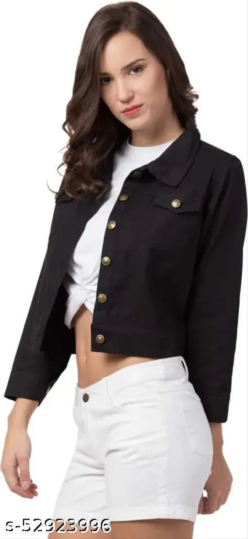 Denim black jacket, solid net, three-quarter sleeves. Premium cotton blend for all day comfort. Classic style suitable for casual or formal wear. Made in India