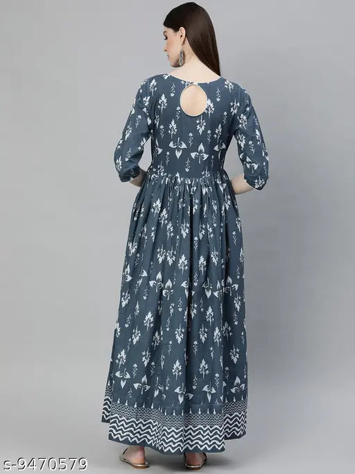 Cotton botanical print kameez, long sleeves, pleated front