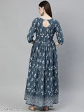Cotton botanical print kameez, long sleeves, pleated front