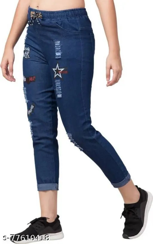 Dark blue denim Dear Youth jeans by Febrina Classic, printed net styling