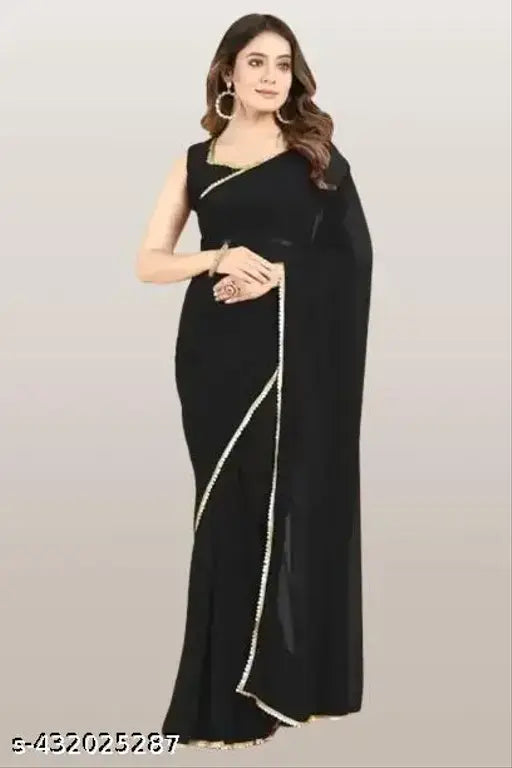 Black pure georgette saree with mirror work border and pallu