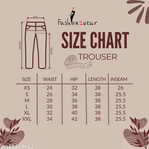 Size Chart for Fashion2wear Women's Solid Bell Bottoms - White Trousers, inseam length sizes 16-30 and waist size 28-46