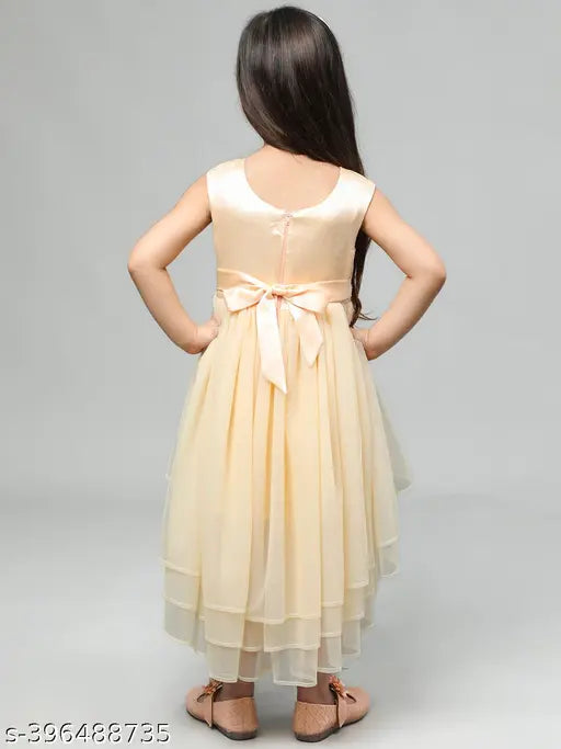 Yellow satin sleeveless hi low dress with golden embellishments