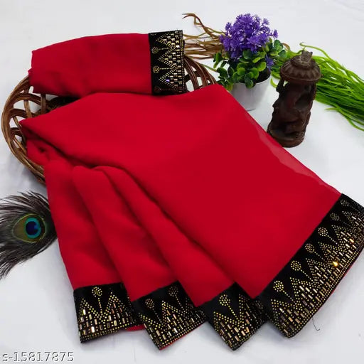 Red woven saree with fringe trim