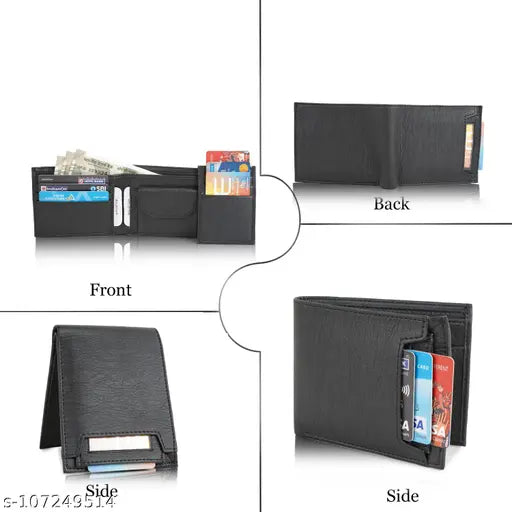 Black artificial leather men's wallet, 7 card slots, textured body, bi-fold style, travel friendly
