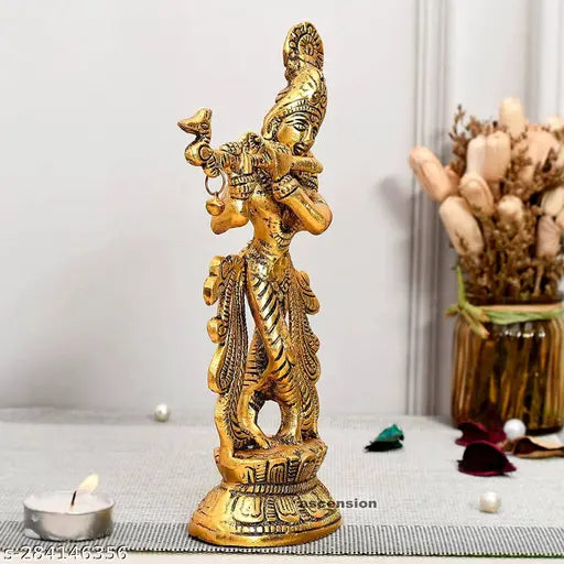 Gold-finished Krishna Idol statue (5.5 cm x 23 cm x 13 cm), handcrafted Indian art for home decor showpiece