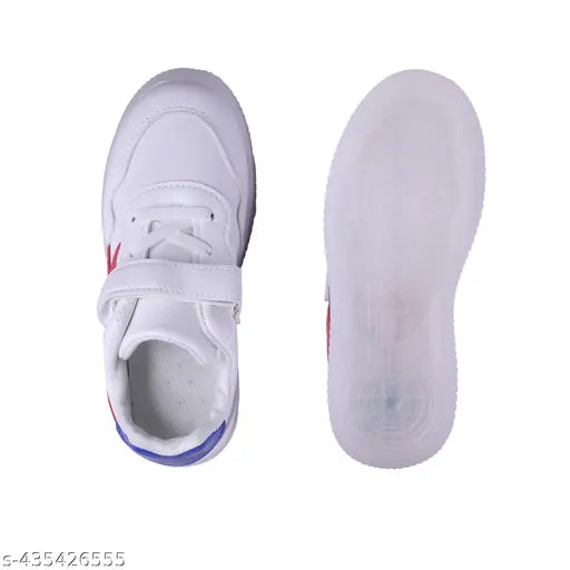 White kids shoes with blue trim and LED lights