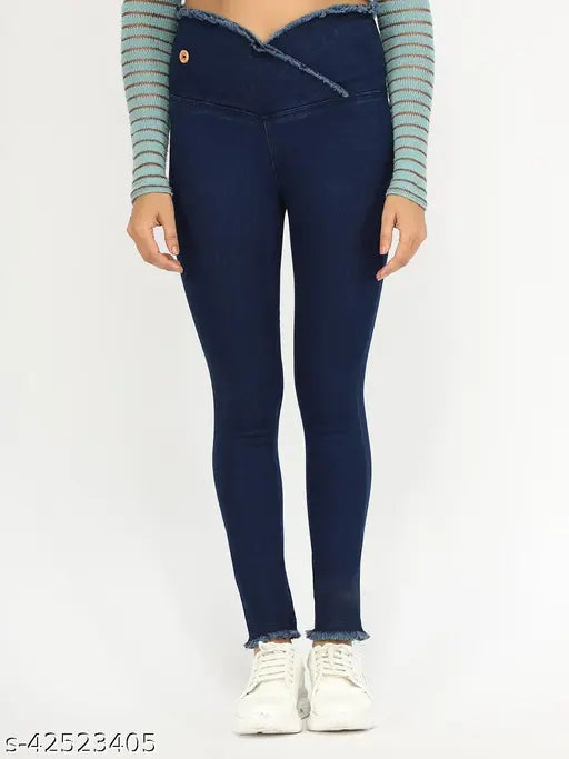 High waist royal blue denim skinny fit jeggings with elastic closer, women's solid stretchable denim jeggings for various sizes (28-40in), made in India