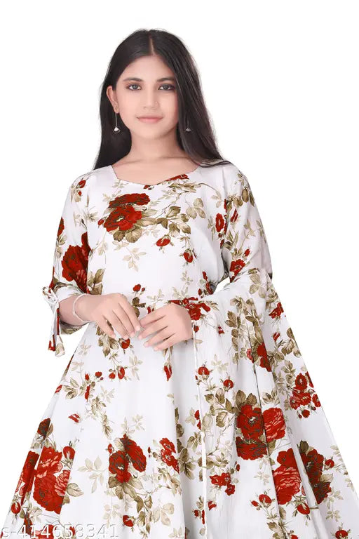 Floral pattern, long-sleeve, floor-length, white and red floral dress