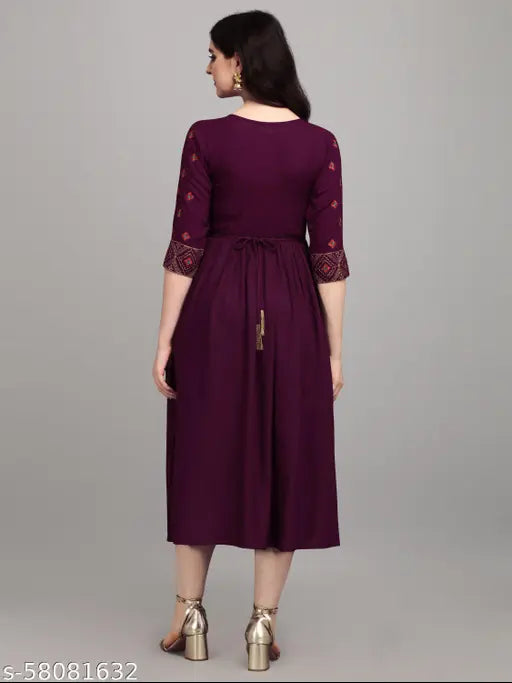 Wine colored, long, flared kameez with detailed embroidery